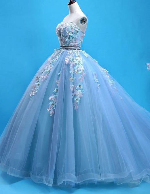 Blue strapless lace applique floral long tulle ball gown