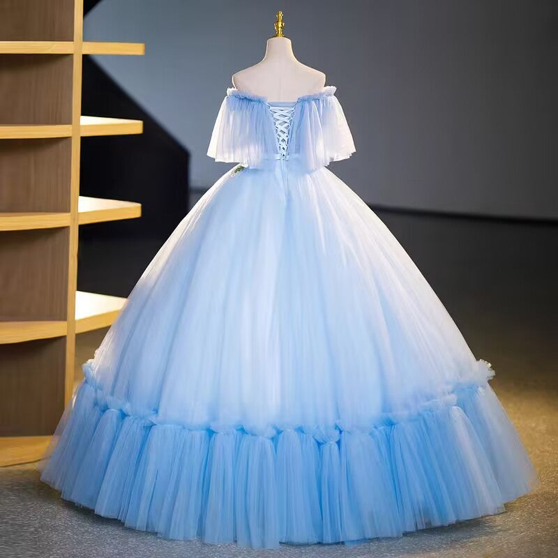 Blue off the shoulder tulle prom dress evening gown