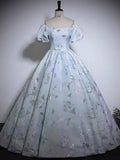 Off the shoulder printed satin prom dress gown
