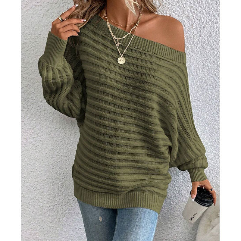 Off-Shoulder Batwing Sweater – Loose Knit Pull-Over for Fall