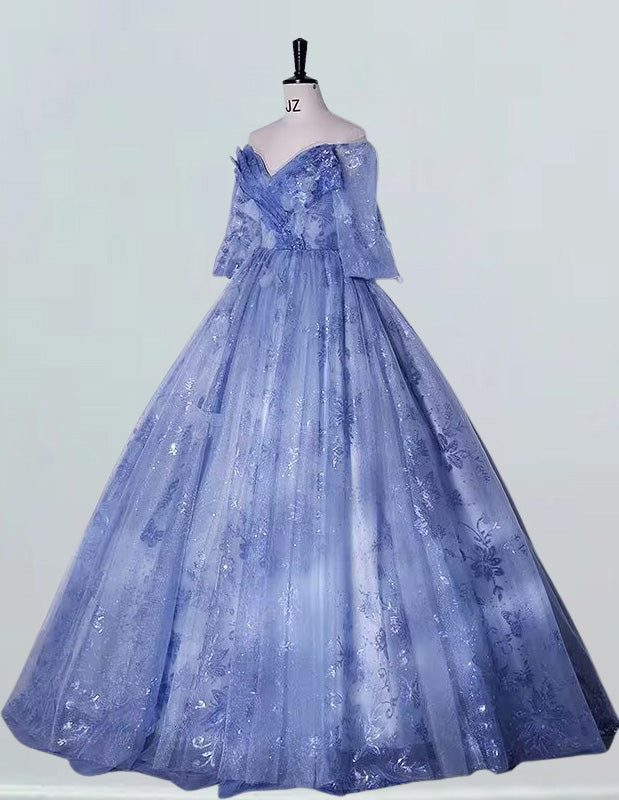 Blue off the shoulder long sleeve floor length lace ball gown quinceanera dress