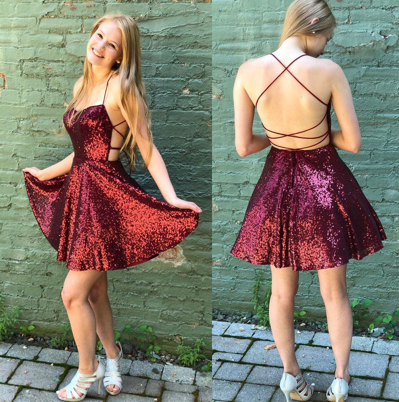 Burgundy sequin short homecoming dress cocktail dress prom dress gown