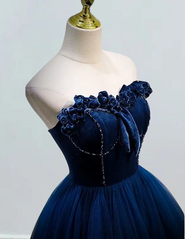 Navy Blue Strapless Beaded Evening Gown | Girls' Elegant Prom & Formal Dress