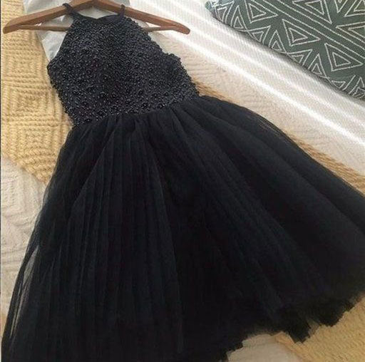 Black halter beaded rhinestone short tulle prom dress cocktaile dress homecoming dress