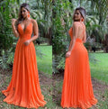 V neck pleated long chiffon prom dress formal gown