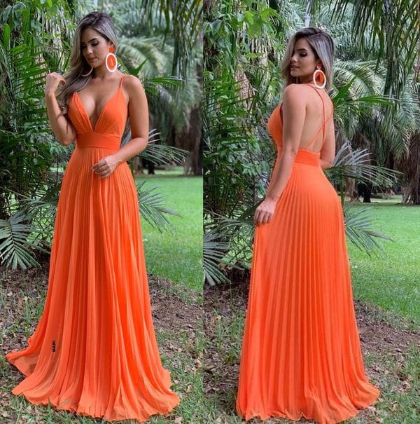 V neck pleated long chiffon prom dress formal gown