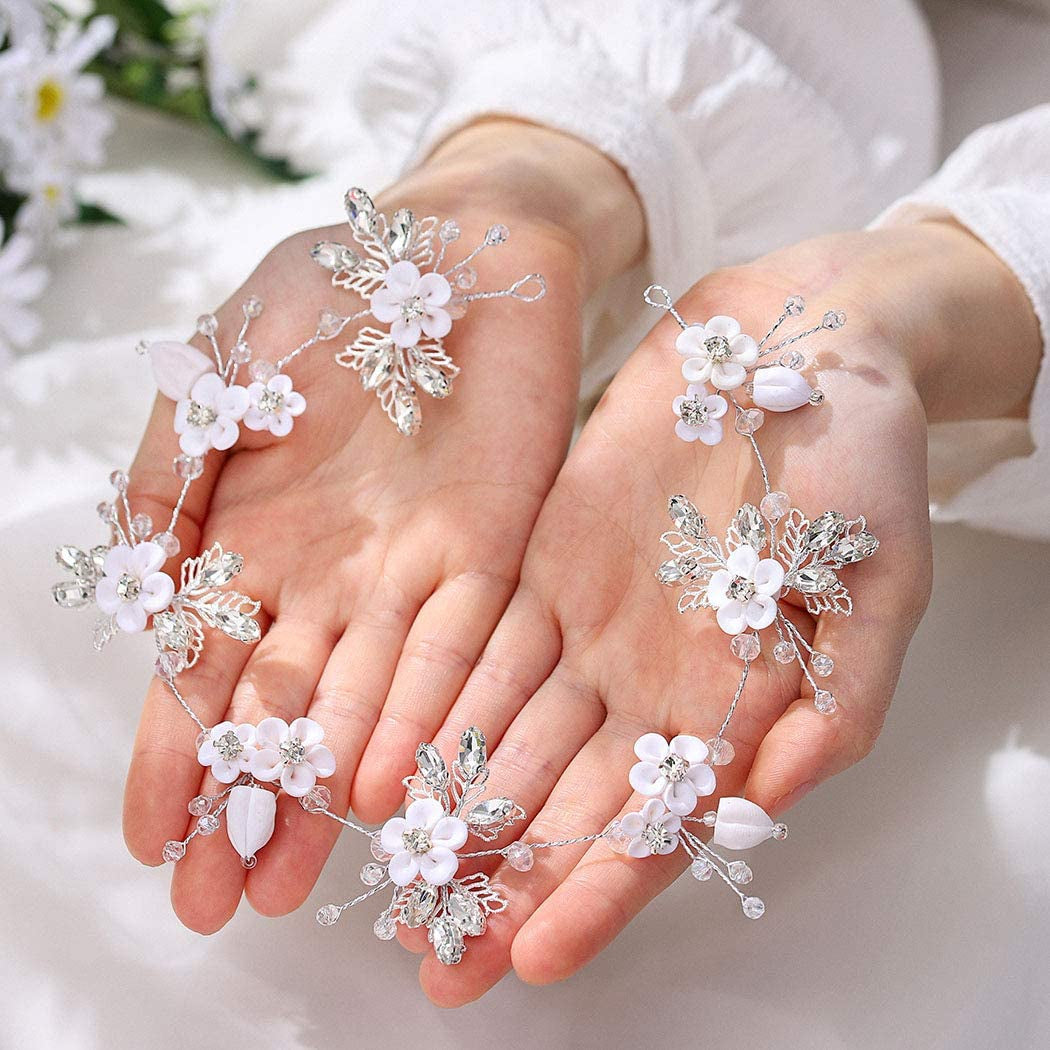 Bride Silver Wedding Hair Vine Flower Bridal Hair Piece Leaf Party Hair Accessories Crystal Hair Jewelry Rhinestone Headpieces for Women and Girls