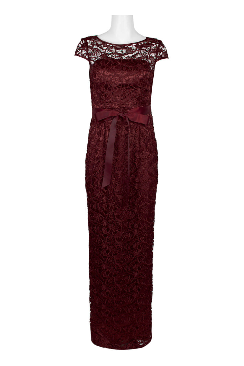 Adrianna Papell Boat Neck Cap Sleeve Tie Front Zipper Back Lace Gown