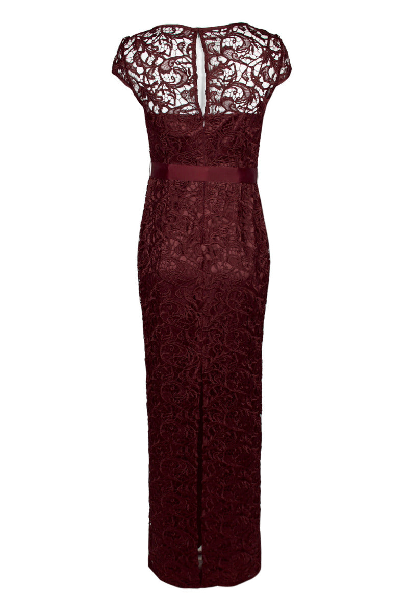 Adrianna Papell Boat Neck Cap Sleeve Tie Front Zipper Back Lace Gown