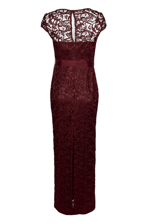 Adrianna Papell Boat Neck Cap Sleeve Tie Front Zipper Back Lace Gown