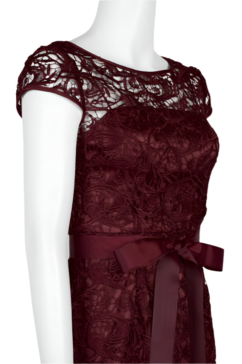 Adrianna Papell Boat Neck Cap Sleeve Tie Front Zipper Back Lace Gown