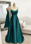 Blue green spaghetti strap pleated floor length prom dress long formal gown