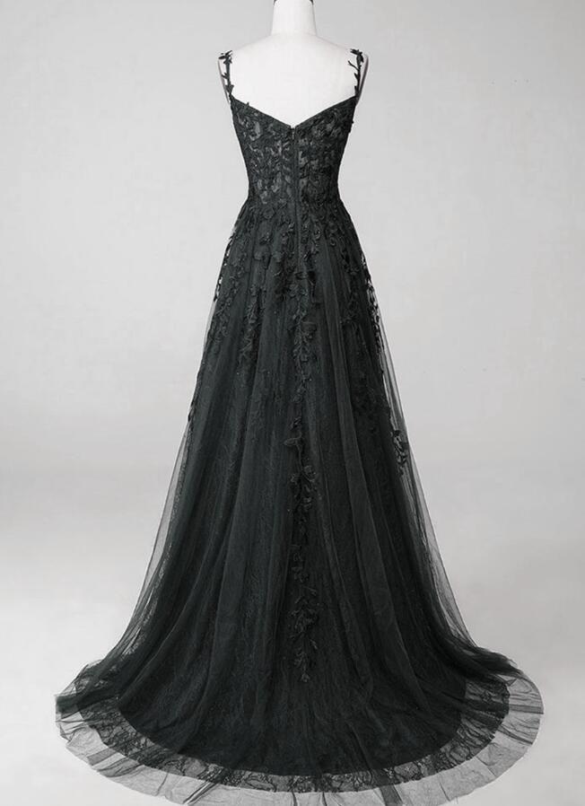 Spaghetti strap black long tulle lace prom dress sweetheart tulle formal gown wedding bridal dress