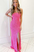 Pink lace up sequin evening dress slit formal gown