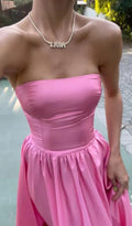 Strapless pink slit a line prom dress formal gown wedding party dress