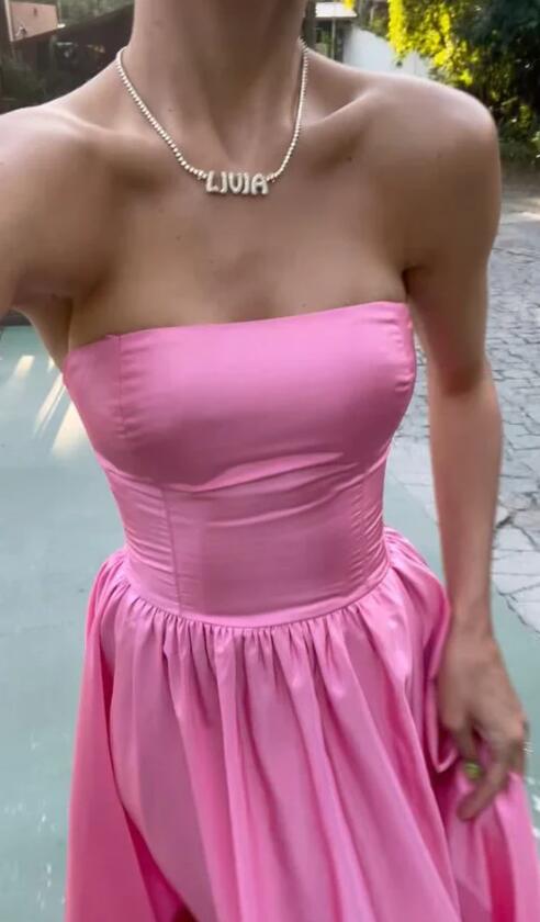 Strapless pink slit a line prom dress formal gown wedding party dress