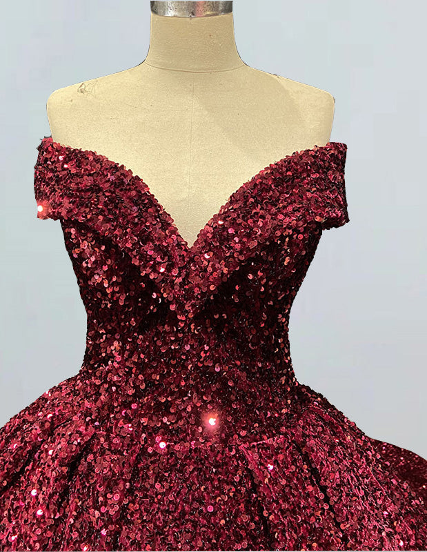 Burgundy Velvet Off-Shoulder Sequined Prom Dress with Long Train