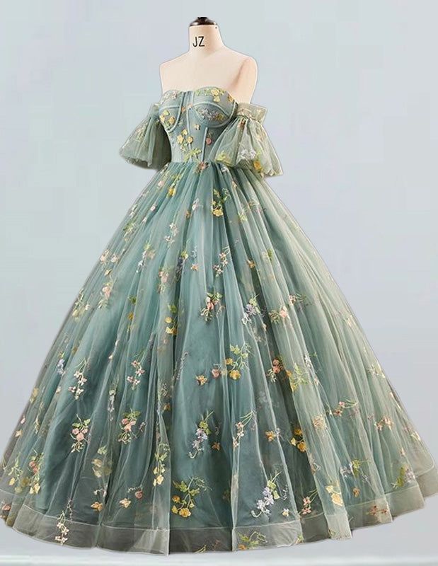Floral Lace Ball Gown with Detachable Sleeves, Strapless Prom & Party Evening Dress