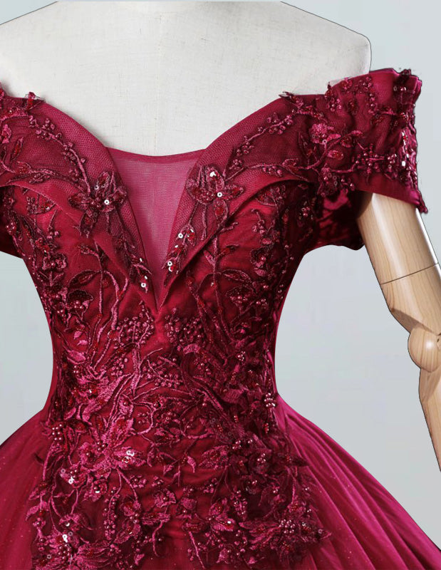 Burgundy Off-Shoulder Lace Applique Ball Gown | Elegant Evening & Prom Dress
