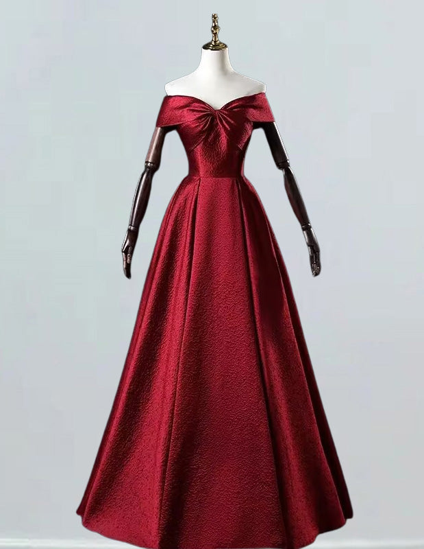 Burgundy Satin Off-Shoulder Prom Dress | Women's Evening Ball Gown