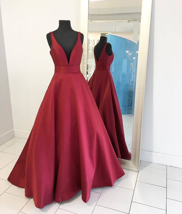 Burgundy deep v floor length prom dress long satin formal gown wedding party dress