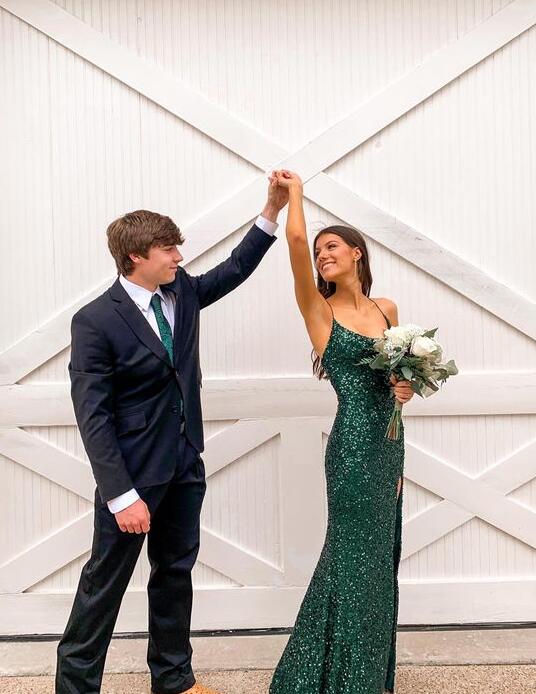 Spaghetti Strap green sequin long wedding dress slit prom dress formal gown