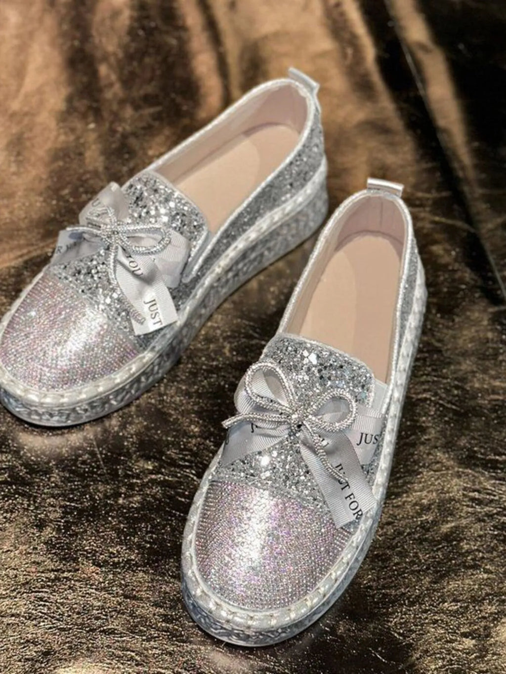 Rhinestone Bow Round Toe Slip-Ons