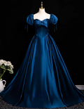 Blue pleated off the shoulder long satin ball gown evening dress