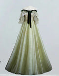 Green off the shoulder sleeve long tulle prom dress gown