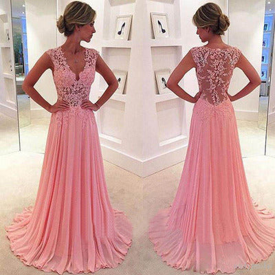V neck lace beading long chiffon prom dress gown,pink formal gown