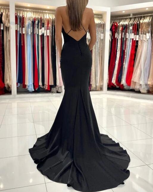 Spaghetti strap v neck mermaid prom dress,backless court train evening party gown