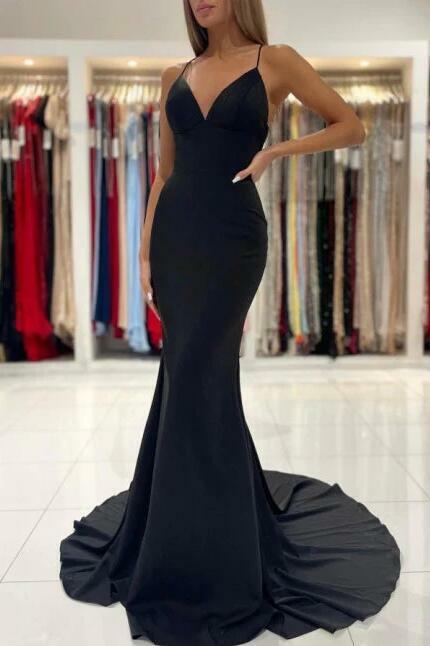 Spaghetti strap v neck mermaid prom dress,backless court train evening party gown