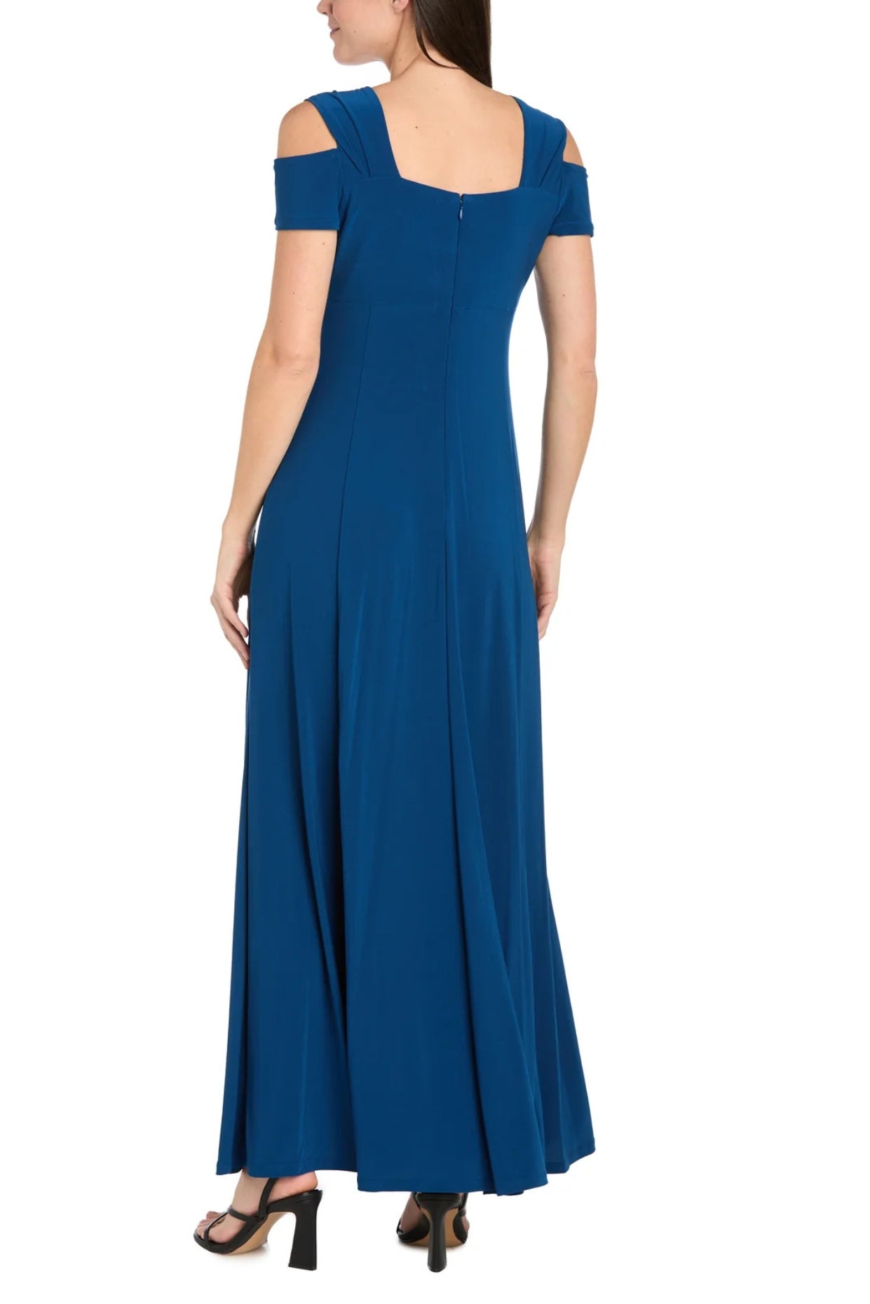 R&M Richards Embellished Sweetheart Neckline Cold Shoulder Thick Wide Strap Thigh-High Slit Maxi Gown Dress