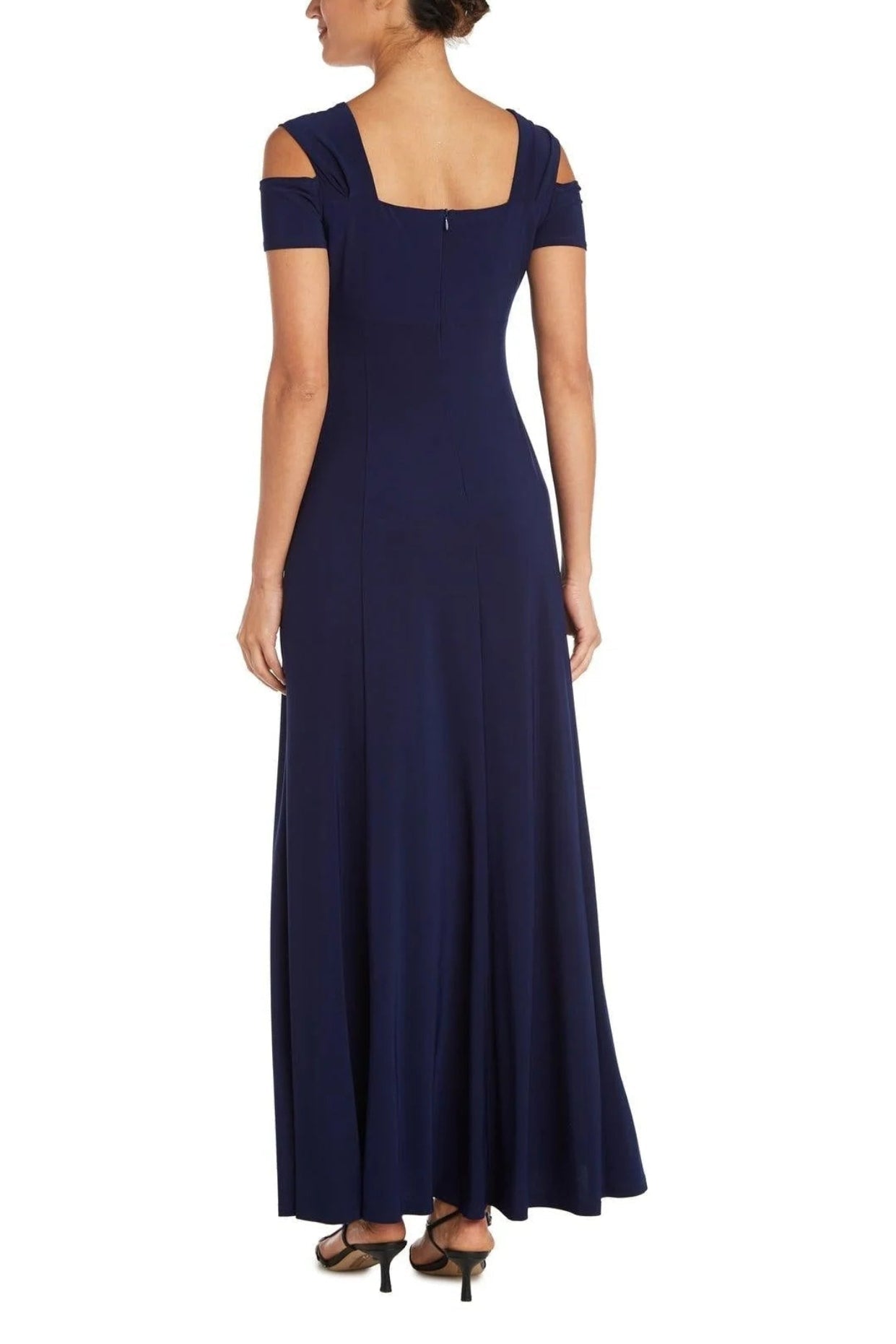 R&M Richards Embellished Sweetheart Neckline Cold Shoulder Thick Wide Strap Thigh-High Slit Maxi Gown Dress