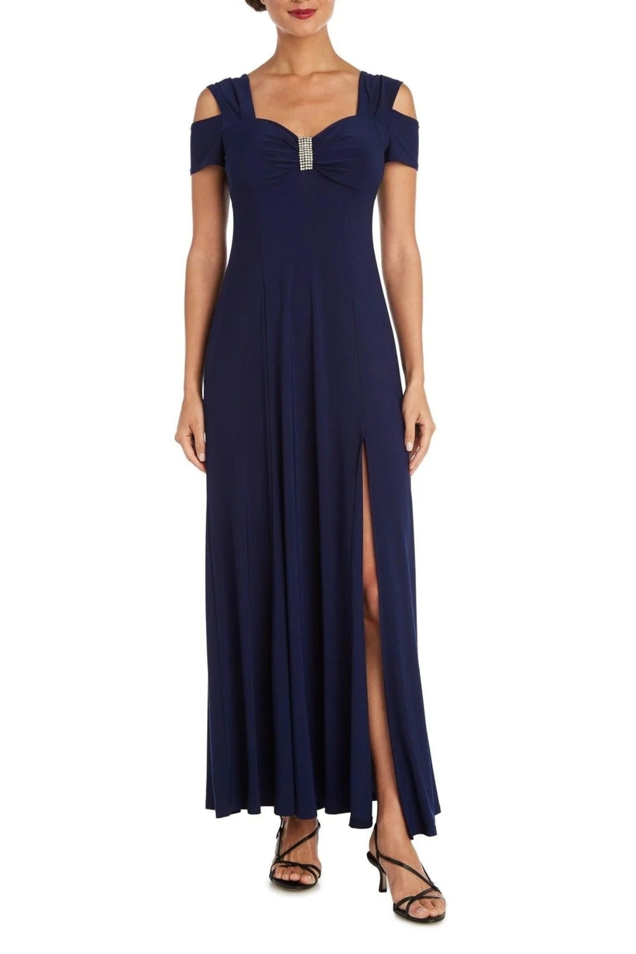 R&M Richards Embellished Sweetheart Neckline Cold Shoulder Thick Wide Strap Thigh-High Slit Maxi Gown Dress