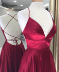Burgundy deep v backless formal dress prom gown,spaghetti strap pocket evening party gown