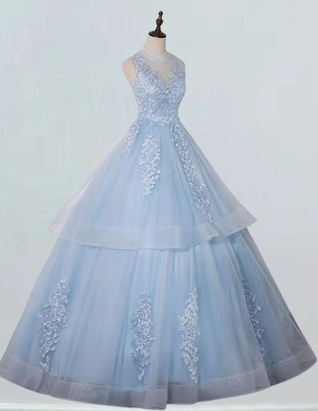 Blue high collar lace applique long ball gown formal dress
