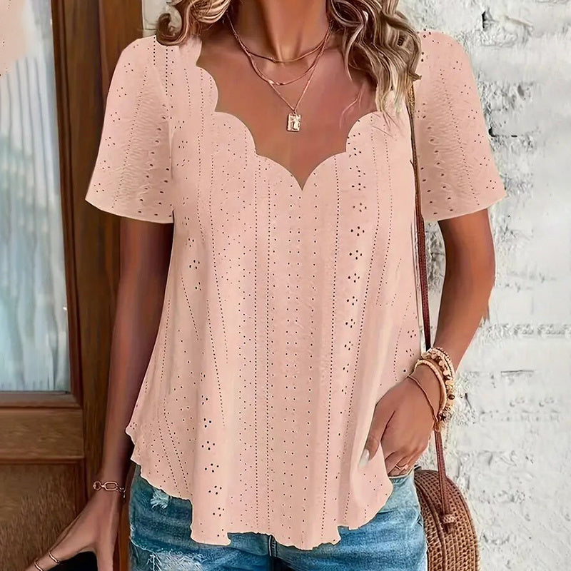 Womens Summer Scallop Trim V Neck Eyelet T-Shirt Short Sleeve Top Dressy Casual Tunic Blouses