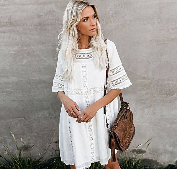 Macrame Crochet Boho Cover-Up Dress – Soft White