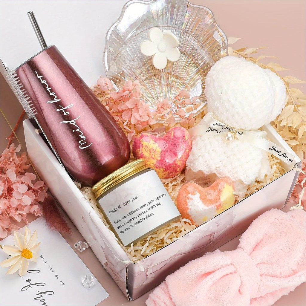 Will You Be My Bridesmaid Gift Box - Includes 6oz Wine Tumbler, Scented Candle, Spa Headband & Bear Towel - Perfect for Bridal Shower, Engagement & Wedding Party Gifts from Bride to Bridesmaids