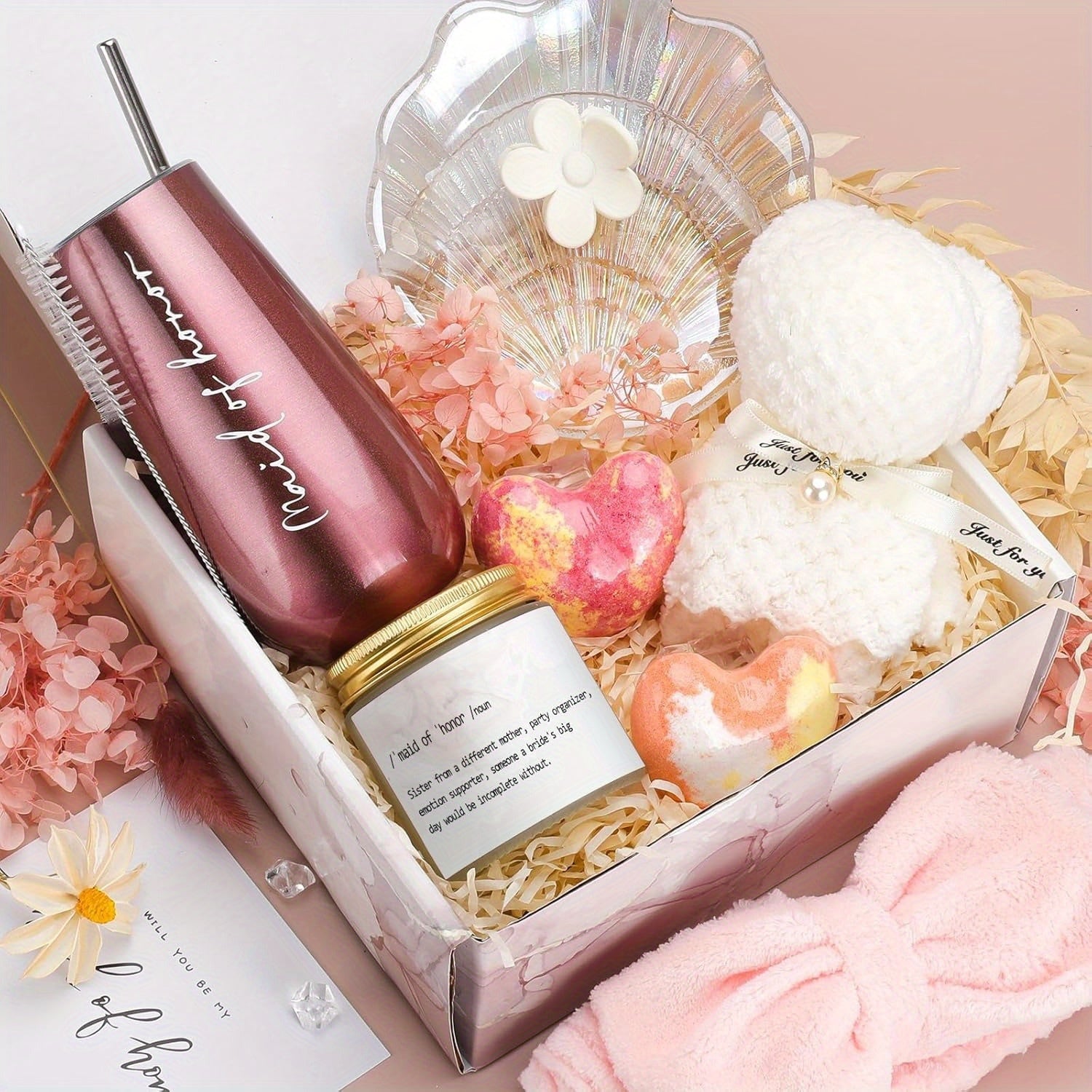 Will You Be My Bridesmaid Gift Box - Includes 6oz Wine Tumbler, Scented Candle, Spa Headband & Bear Towel - Perfect for Bridal Shower, Engagement & Wedding Party Gifts from Bride to Bridesmaids