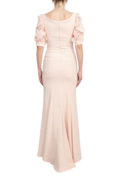 Alberto Makali Off The Shoulder V Neck Short Embellished Lace Sleeve Zipper Back Mermaid Slit Side Gown