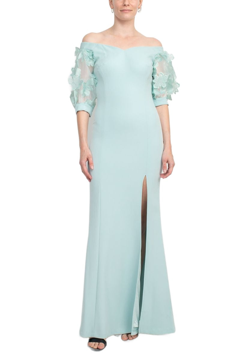 Alberto Makali Off The Shoulder V Neck Short Embellished Lace Sleeve Zipper Back Mermaid Slit Side Gown