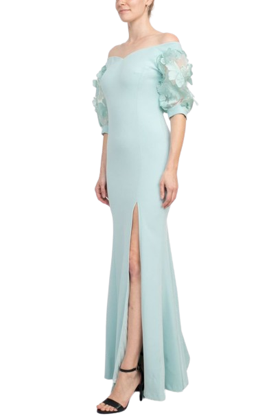 Alberto Makali Off The Shoulder V Neck Short Embellished Lace Sleeve Zipper Back Mermaid Slit Side Gown