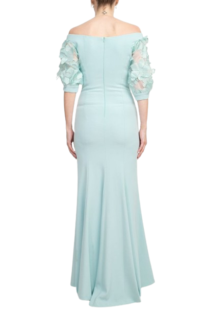Alberto Makali Off The Shoulder V Neck Short Embellished Lace Sleeve Zipper Back Mermaid Slit Side Gown