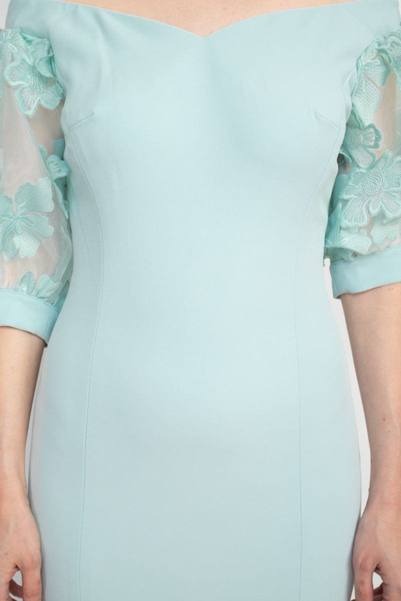 Alberto Makali Off The Shoulder V Neck Short Embellished Lace Sleeve Zipper Back Mermaid Slit Side Gown