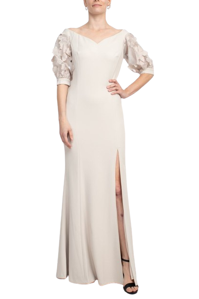 Alberto Makali Off The Shoulder V Neck Short Embellished Lace Sleeve Zipper Back Mermaid Slit Side Gown