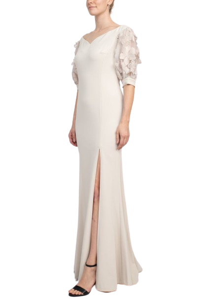 Alberto Makali Off The Shoulder V Neck Short Embellished Lace Sleeve Zipper Back Mermaid Slit Side Gown