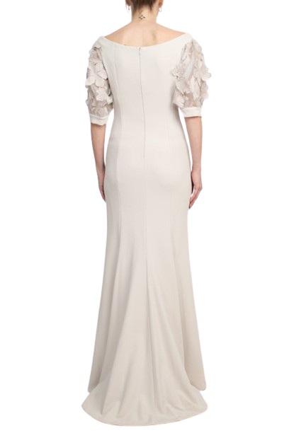 Alberto Makali Off The Shoulder V Neck Short Embellished Lace Sleeve Zipper Back Mermaid Slit Side Gown