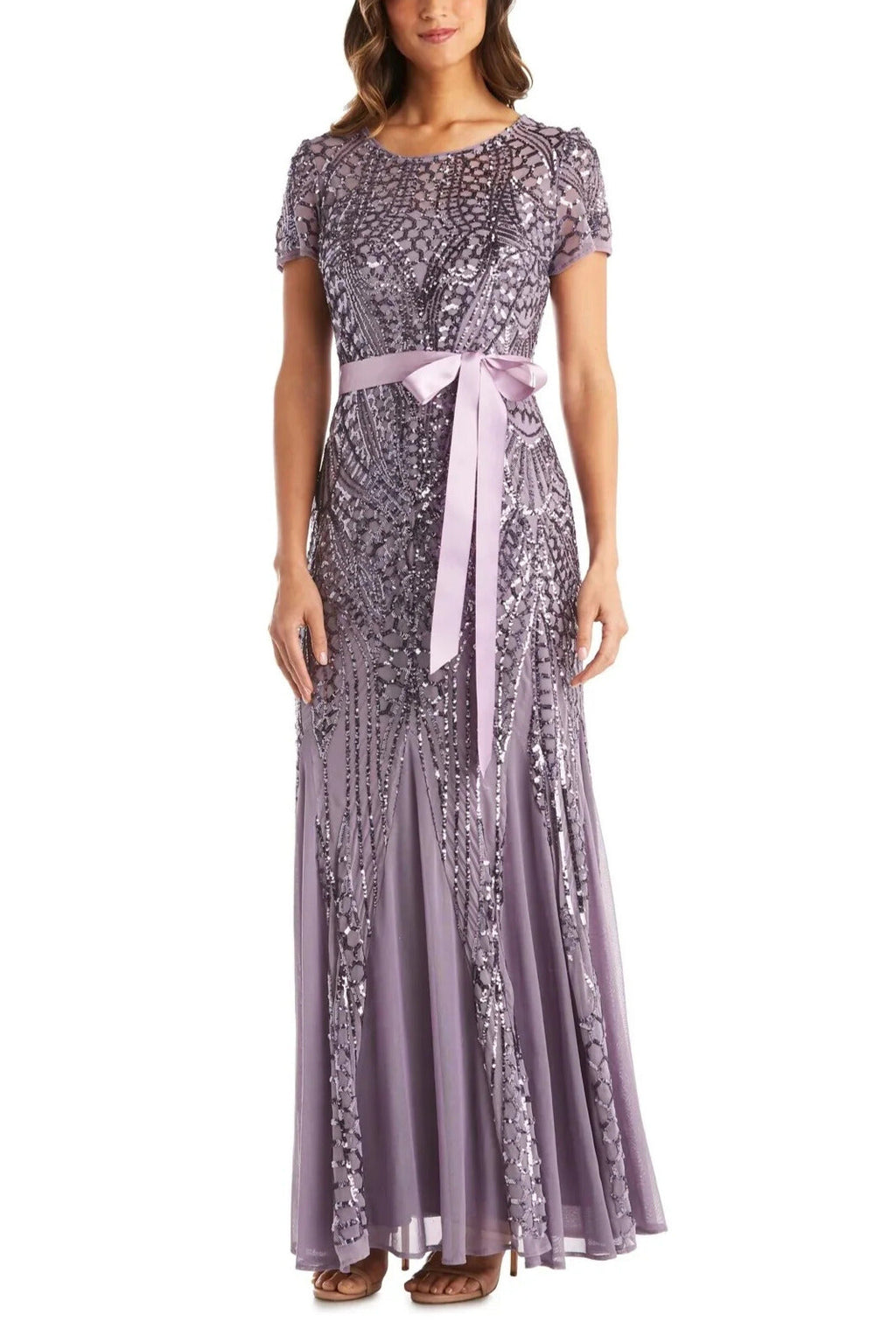 R&M Richards Round Neck Short Sleeves Satin Ribbon Sash Pleated Skirt Straight Hem Maxi Dress